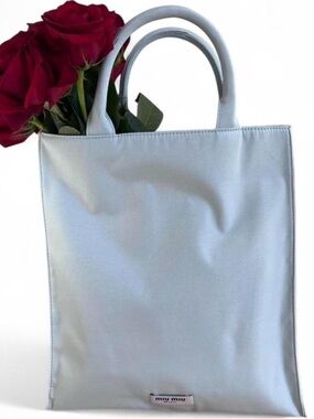 Authentic Miu Miu Pastel Blue Canvas Tote Bag with Black inside lining